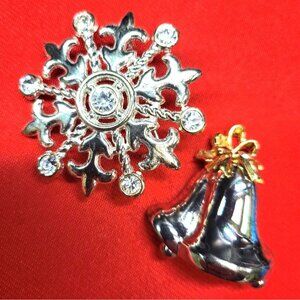 Christmas Pins Brooch Christmas Bell Snowflake Set of 2